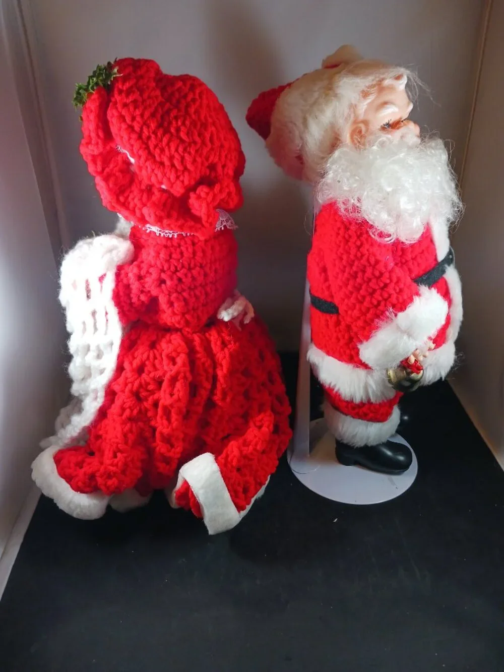 Vintage Crochet Santa Mr. & Mrs. Claus Hard Plastic 12in Tall